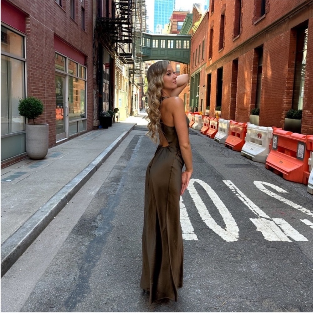 NWT Reformation Anaiis Morel Brown 100% Silk High Neck Open Back Maxi Dress Gown - Picture 3 of 15
